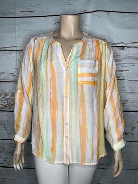 Zac & Rachel Woman NWT Size 1X Pastel Watercolor Stripe Button Up Blouse Top